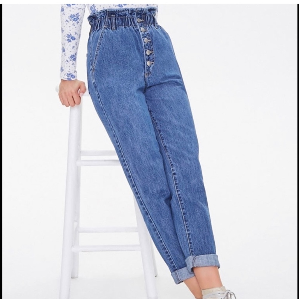 Paper bag mom jeans button fly